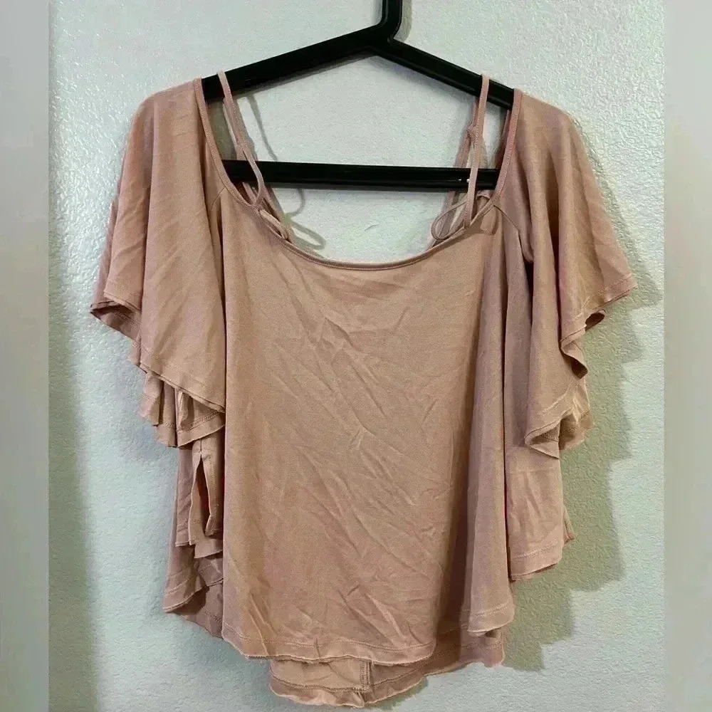 Free People Womens Top Sz XS Strappy Cold Shoulder pink Raw Hem We the free